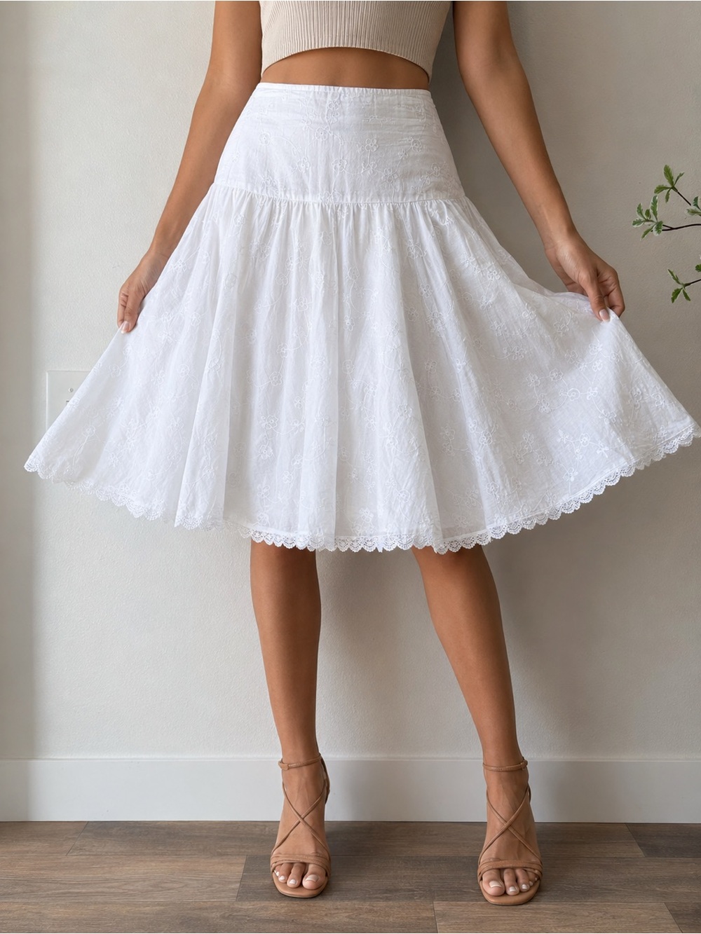 Forever White Embroidered Cotton Midi Skirt Size M